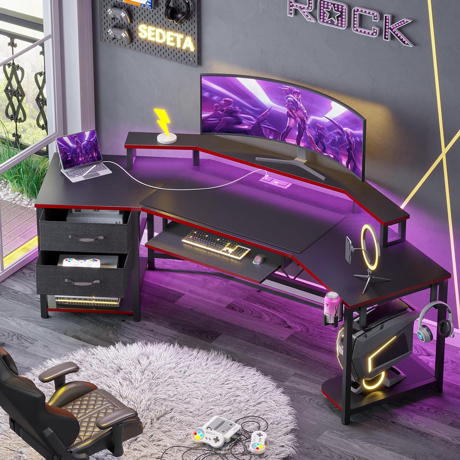 Ivy Bronx Alvonia Free Form Gaming Desk with Built in Outlets